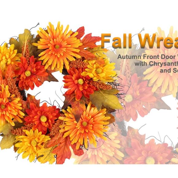 18” Fall Daisy Wreath Autumn Front Door Wreath - Picture 1 of 9
